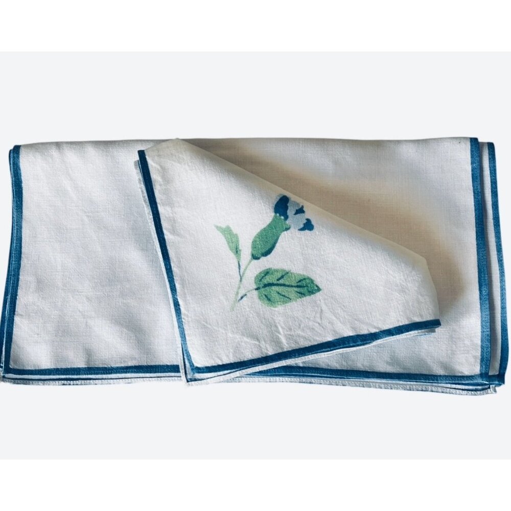 Vintage Morning Glory Linen Napkins Set Of 4 Blue & Green On White 13.75” x 14”
